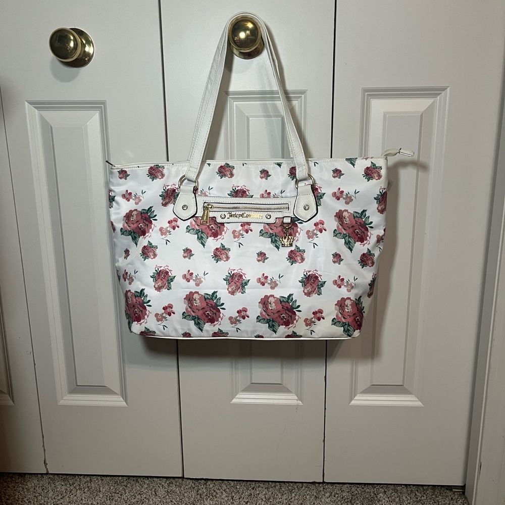 Juicy Couture White Floral Tote Bag with Pink Rose Print Crown Charm
